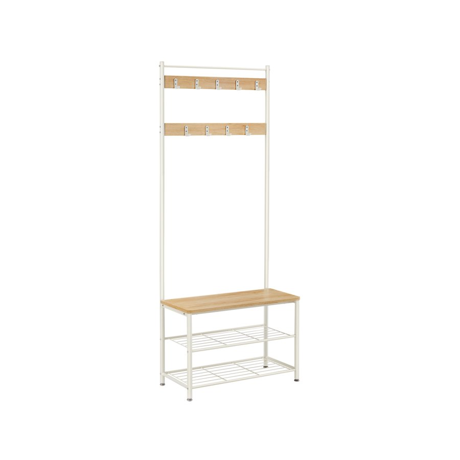 VASAGLE HSR041W09 entr�opstilling, m. 9 knager, 1 s�de, 2 hylder - egetr�sfarvet sp�nplade og hvid st�l
