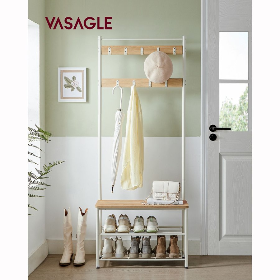 VASAGLE HSR041W09 entr�opstilling, m. 9 knager, 1 s�de, 2 hylder - egetr�sfarvet sp�nplade og hvid st�l