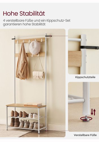 VASAGLE HSR041W09 entr�opstilling, m. 9 knager, 1 s�de, 2 hylder - egetr�sfarvet sp�nplade og hvid st�l