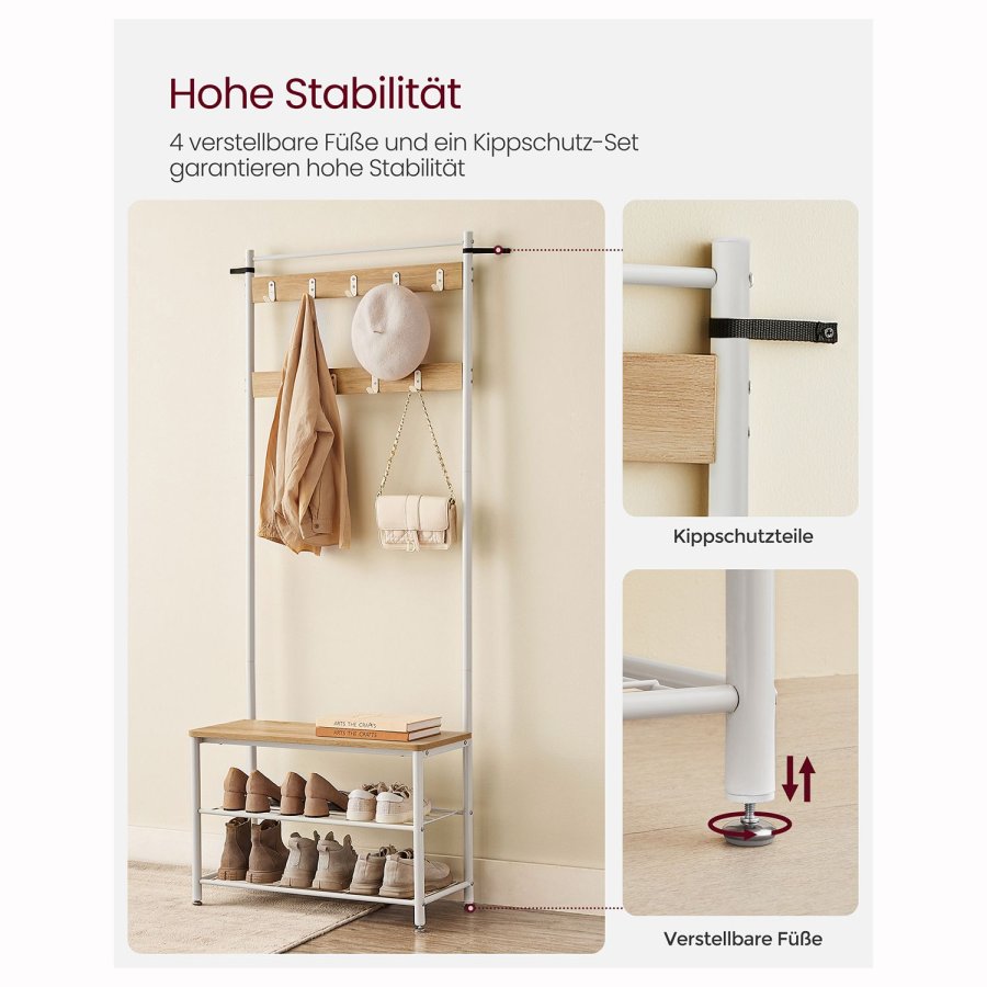 VASAGLE HSR041W09 entr�opstilling, m. 9 knager, 1 s�de, 2 hylder - egetr�sfarvet sp�nplade og hvid st�l