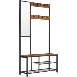 VASAGLE Knagerekk, M�bler til entre med kroker, speil, skohylle og hyller, 36 x 98 x 185 cm, for entre, soverom, stue, rustikk brun og svart HSR050B01V1