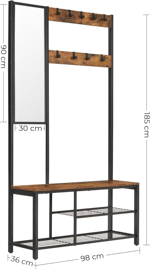 VASAGLE Knagerekk, M�bler til entre med kroker, speil, skohylle og hyller, 36 x 98 x 185 cm, for entre, soverom, stue, rustikk brun og svart HSR050B01V1