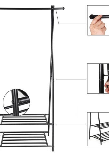 SONGMICS klesstativ, lydl�s serveringshylle, klesstativ med 2-etasjes oppbevaringshylle for sko og kurver, metallramme, plassbesparende, ideell for soverom, gang, kontor og mer, svart HSR05B