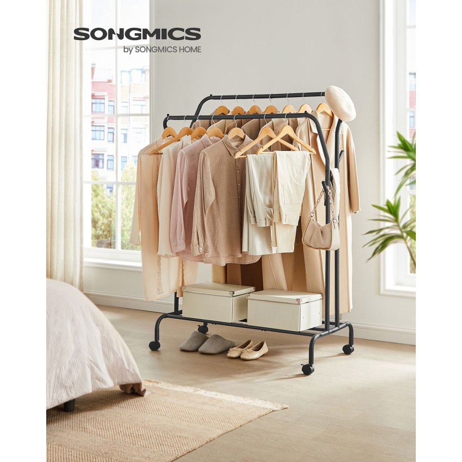 SONGMICS Klesstativ, Klesstativ, Dobbel Kleshenger, Kraftig Metallramme, Med Hjul og Hylle, 100 kg Total Maks. Last, 103,5 cm Bredd, Klesoppbevaring, Svart HSR107B01