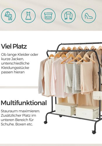 SONGMICS HSR107B01 t�jstativ, dobbelt, m. 1 hylde, hjul - sort st�l