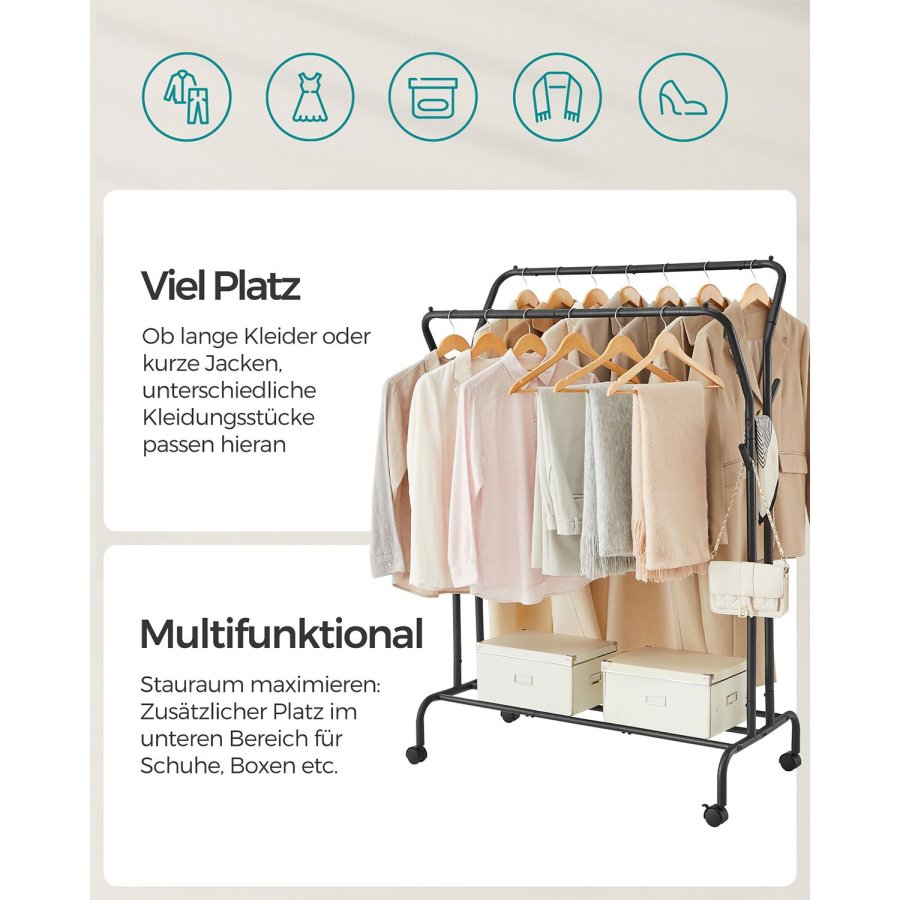 SONGMICS Klesstativ, Klesstativ, Dobbel Kleshenger, Kraftig Metallramme, Med Hjul og Hylle, 100 kg Total Maks. Last, 103,5 cm Bredd, Klesoppbevaring, Svart HSR107B01