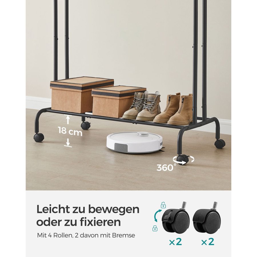 SONGMICS Klesstativ, Klesstativ, Dobbel Kleshenger, Kraftig Metallramme, Med Hjul og Hylle, 100 kg Total Maks. Last, 103,5 cm Bredd, Klesoppbevaring, Svart HSR107B01