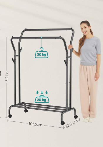 SONGMICS Klesstativ, Klesstativ, Dobbel Kleshenger, Kraftig Metallramme, Med Hjul og Hylle, 100 kg Total Maks. Last, 103,5 cm Bredd, Klesoppbevaring, Svart HSR107B01