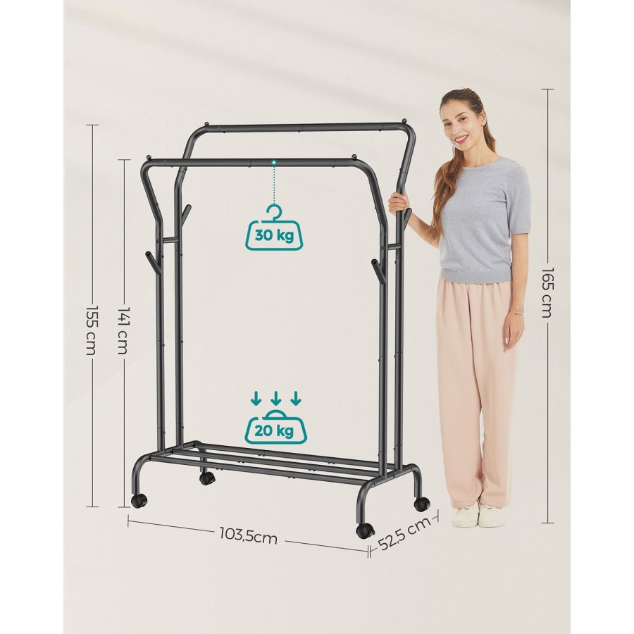 SONGMICS Klesstativ, Klesstativ, Dobbel Kleshenger, Kraftig Metallramme, Med Hjul og Hylle, 100 kg Total Maks. Last, 103,5 cm Bredd, Klesoppbevaring, Svart HSR107B01
