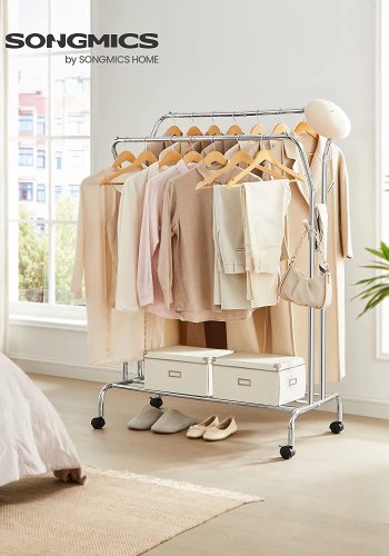 SONGMICS Doppel-Kleiderständer, mit 2 Kleiderstangen, 1 Ablage, Rollen – Silberstahl