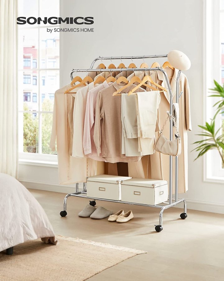 SONGMICS Doppel-Kleiderständer, mit 2 Kleiderstangen, 1 Ablage, Rollen – Silberstahl