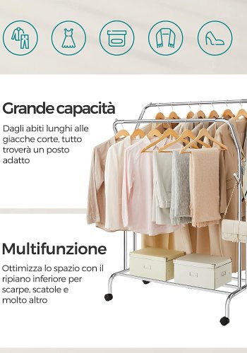 SONGMICS Doppel-Kleiderständer, mit 2 Kleiderstangen, 1 Ablage, Rollen – Silberstahl