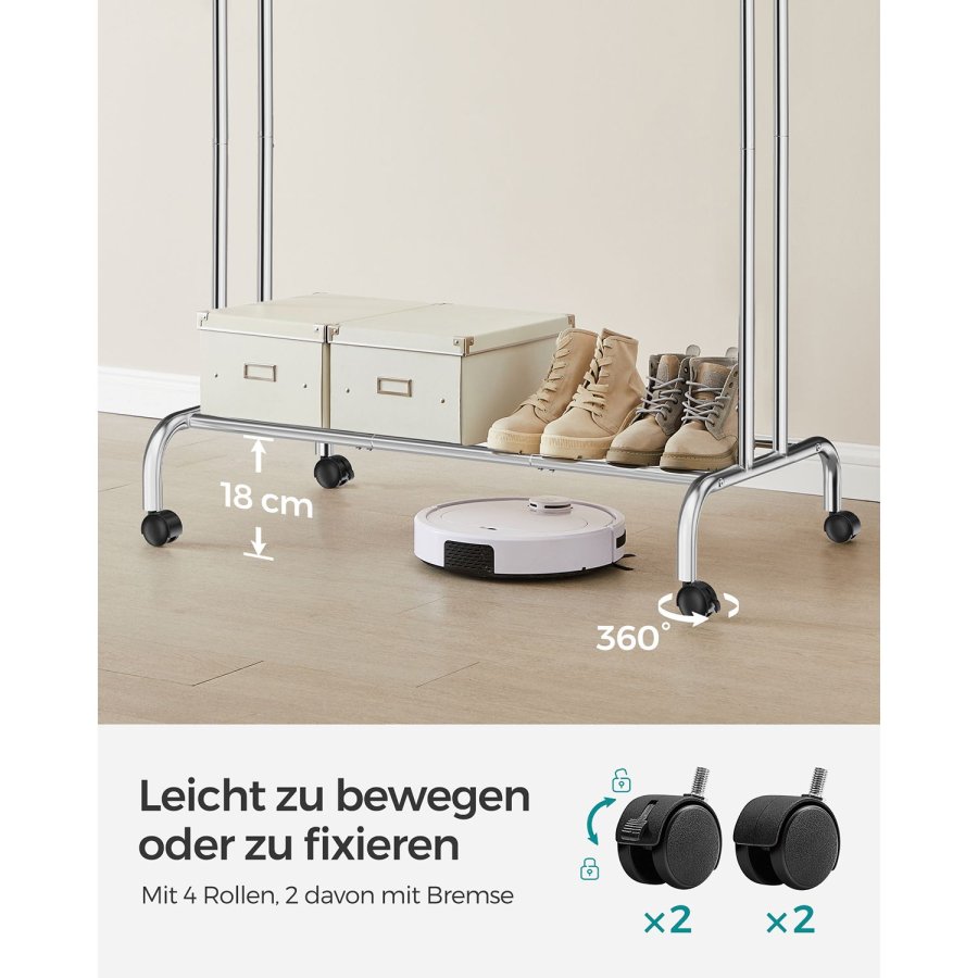 SONGMICS kl&auml;dst&auml;llning, dubbel kl&auml;dh&auml;ngare, kraftig metallram, med hjul och hyllplan, 100 kg total maxbelastning, 103,5 cm bred, kl&auml;df&ouml;rvaring, silver HSR107E01
