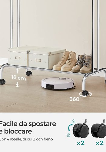 SONGMICS Doppel-Kleiderständer, mit 2 Kleiderstangen, 1 Ablage, Rollen – Silberstahl