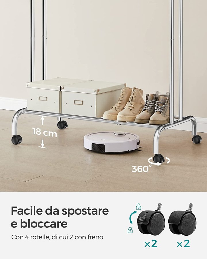 SONGMICS Doppel-Kleiderständer, mit 2 Kleiderstangen, 1 Ablage, Rollen – Silberstahl