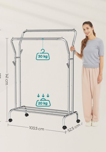 SONGMICS kl&auml;dst&auml;llning, dubbel kl&auml;dh&auml;ngare, kraftig metallram, med hjul och hyllplan, 100 kg total maxbelastning, 103,5 cm bred, kl&auml;df&ouml;rvaring, silver HSR107E01