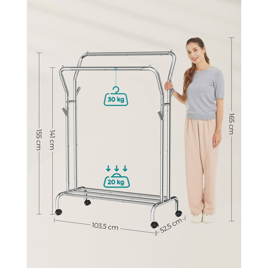 SONGMICS kl&auml;dst&auml;llning, dubbel kl&auml;dh&auml;ngare, kraftig metallram, med hjul och hyllplan, 100 kg total maxbelastning, 103,5 cm bred, kl&auml;df&ouml;rvaring, silver HSR107E01