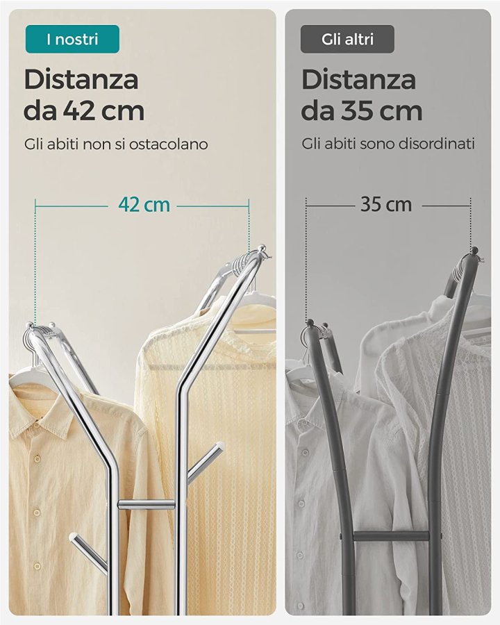 SONGMICS Doppel-Kleiderständer, mit 2 Kleiderstangen, 1 Ablage, Rollen – Silberstahl