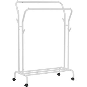 SONGMICS dobbelt tjstativ, m. 2 bjlestnger, 1 hylde, hjul - hvid stl