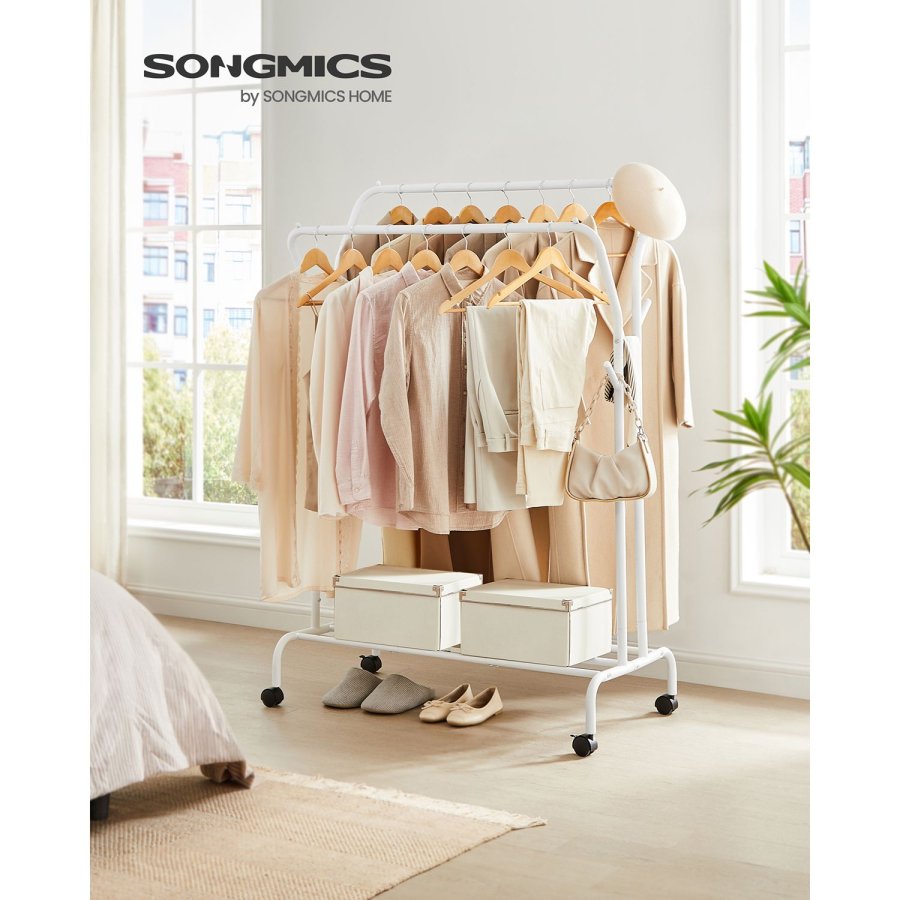 SONGMICS T�jstativ, T�jstativ, Dobbelt T�joph�ngningsstang, Kraftig Metalramme, Med Hjul og Hylde, 100 kg Total Maks. Belastning, 103,5 cm Bred, T�jopbevaring, Hvid HSR107W01