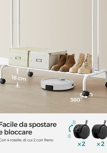 SONGMICS dobbelt klesstativ, m. 2 henger, 1 hylle, hjul - hvitt stl