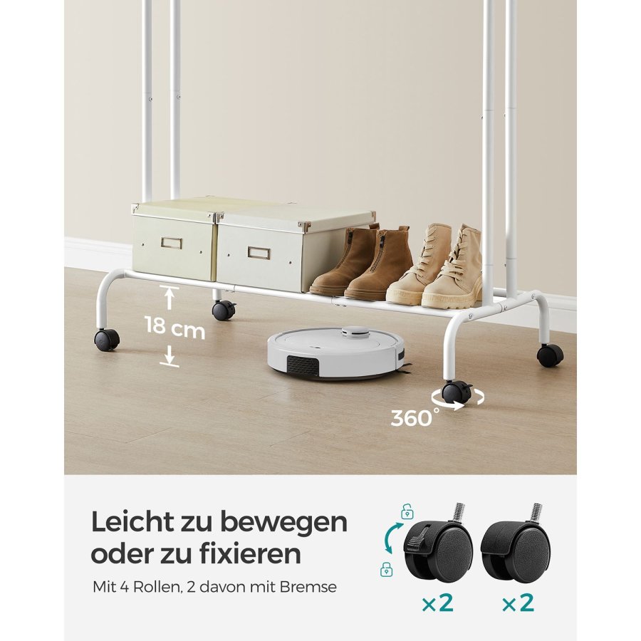 SONGMICS T�jstativ, T�jstativ, Dobbelt T�joph�ngningsstang, Kraftig Metalramme, Med Hjul og Hylde, 100 kg Total Maks. Belastning, 103,5 cm Bred, T�jopbevaring, Hvid HSR107W01