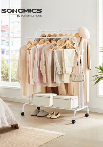 SONGMICS dobbelt klesstativ, m. 2 henger, 1 hylle, hjul - hvitt stl