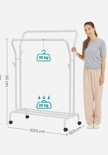 SONGMICS T�jstativ, T�jstativ, Dobbelt T�joph�ngningsstang, Kraftig Metalramme, Med Hjul og Hylde, 100 kg Total Maks. Belastning, 103,5 cm Bred, T�jopbevaring, Hvid HSR107W01