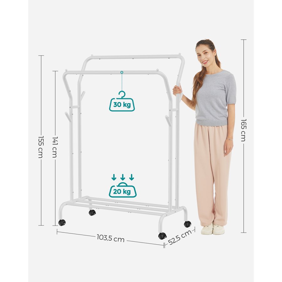 SONGMICS T�jstativ, T�jstativ, Dobbelt T�joph�ngningsstang, Kraftig Metalramme, Med Hjul og Hylde, 100 kg Total Maks. Belastning, 103,5 cm Bred, T�jopbevaring, Hvid HSR107W01