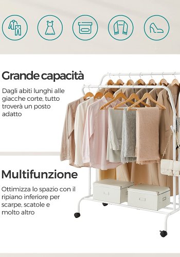 SONGMICS dobbelt klesstativ, m. 2 henger, 1 hylle, hjul - hvitt stl
