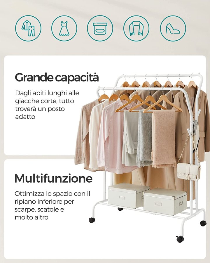 SONGMICS dobbelt klesstativ, m. 2 henger, 1 hylle, hjul - hvitt stl