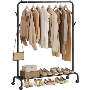 SONGMICS Klesstativ, Enkelt Kleshenger, Kraftig Metallramme, Med Hjul og Hylle, 50 kg Total Maks. Last, 103,5 cm Bredd, Klesoppbevaring, Blekksvart HSR131B01