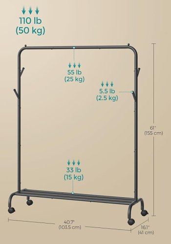 SONGMICS Klesstativ, Enkelt Kleshenger, Kraftig Metallramme, Med Hjul og Hylle, 50 kg Total Maks. Last, 103,5 cm Bredd, Klesoppbevaring, Blekksvart HSR131B01
