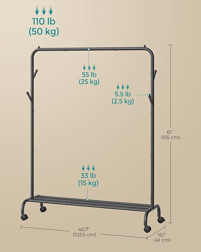 SONGMICS Klesstativ, Enkelt Kleshenger, Kraftig Metallramme, Med Hjul og Hylle, 50 kg Total Maks. Last, 103,5 cm Bredd, Klesoppbevaring, Blekksvart HSR131B01