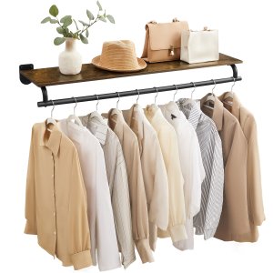 SONGMICS veggmontert klesstativ, vegghylle med opphengsstang, lastekapasitet opptil 60 kg, 28 x 109 x 13,2 cm, entr&eacute;, soverom, walk-in closet, rustikk brun og blekksvart HSR135B01