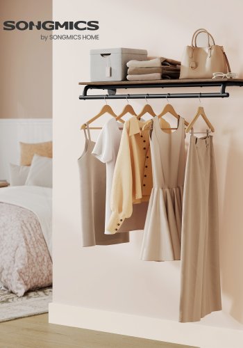 SONGMICS v�ggmonterad kl�dh�ngare, v�gghylla med upph�ngningsst�ng, lastkapacitet upp till 60 kg, 28 x 109 x 13,2 cm, entr�hall, sovrum, kl�dkammare, rustik brun och bl�cksvart HSR135B01