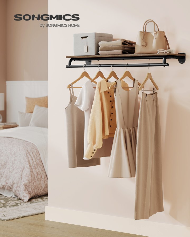 SONGMICS veggmontert klesstativ, vegghylle med opphengsstang, lastekapasitet opptil 60 kg, 28 x 109 x 13,2 cm, entr&eacute;, soverom, walk-in closet, rustikk brun og blekksvart HSR135B01