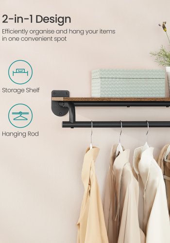 SONGMICS veggmontert klesstativ, vegghylle med opphengsstang, lastekapasitet opptil 60 kg, 28 x 109 x 13,2 cm, entr&eacute;, soverom, walk-in closet, rustikk brun og blekksvart HSR135B01
