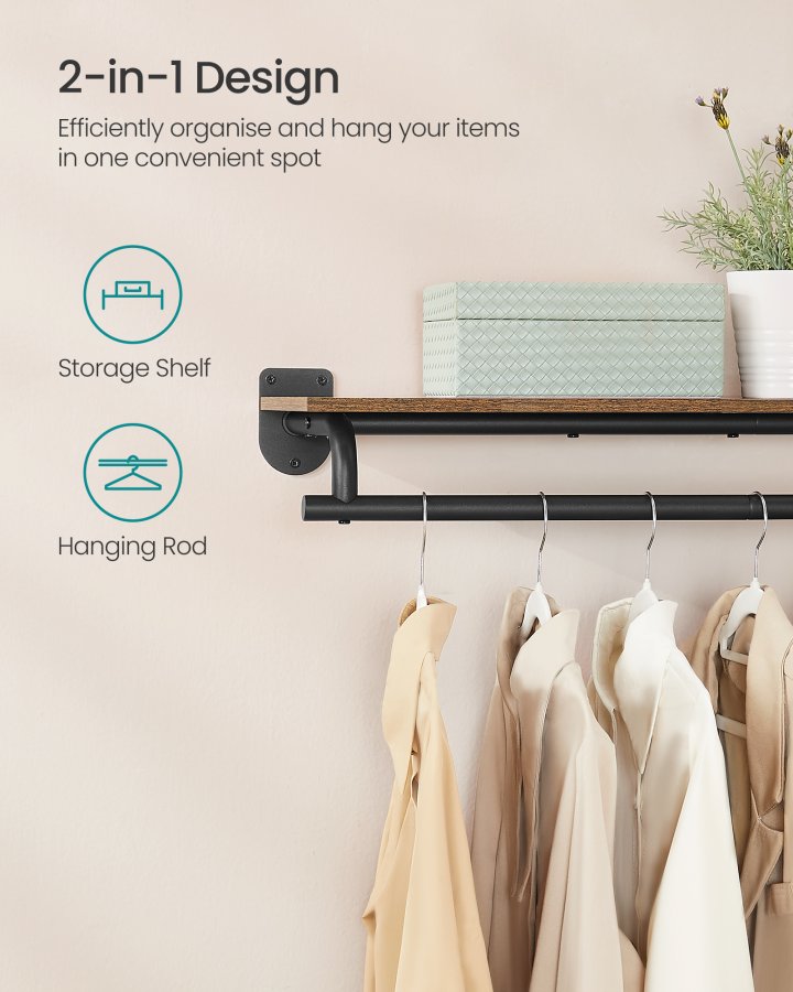 SONGMICS veggmontert klesstativ, vegghylle med opphengsstang, lastekapasitet opptil 60 kg, 28 x 109 x 13,2 cm, entr&eacute;, soverom, walk-in closet, rustikk brun og blekksvart HSR135B01
