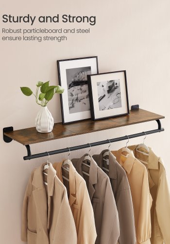 SONGMICS veggmontert klesstativ, vegghylle med opphengsstang, lastekapasitet opptil 60 kg, 28 x 109 x 13,2 cm, entr&eacute;, soverom, walk-in closet, rustikk brun og blekksvart HSR135B01