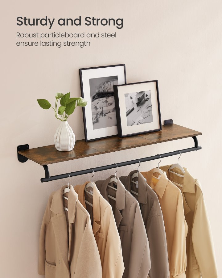 SONGMICS veggmontert klesstativ, vegghylle med opphengsstang, lastekapasitet opptil 60 kg, 28 x 109 x 13,2 cm, entr&eacute;, soverom, walk-in closet, rustikk brun og blekksvart HSR135B01