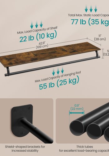 SONGMICS veggmontert klesstativ, vegghylle med opphengsstang, lastekapasitet opptil 60 kg, 28 x 109 x 13,2 cm, entr&eacute;, soverom, walk-in closet, rustikk brun og blekksvart HSR135B01