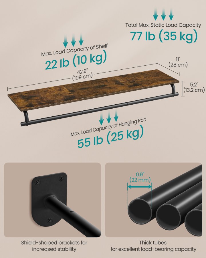 SONGMICS veggmontert klesstativ, vegghylle med opphengsstang, lastekapasitet opptil 60 kg, 28 x 109 x 13,2 cm, entr&eacute;, soverom, walk-in closet, rustikk brun og blekksvart HSR135B01
