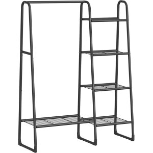 SONGMICS Garderobestang, Frittst�ende garderobestang, 5 oppbevaringshyller, Metallramme, 40 x 101,7 x 153,3 cm, Soverom, Stue, Gang, Matt svart HSR138B01