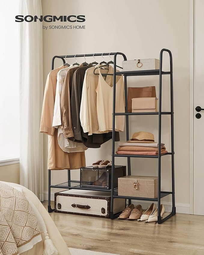 SONGMICS Kl&auml;dst�ng, Frist�ende kl&auml;dst�ng, 5 f&ouml;rvaringshyllor, Metallram, 40 x 101,7 x 153,3 cm, Sovrum, Vardagsrum, Hall, Mattsvart HSR138B01