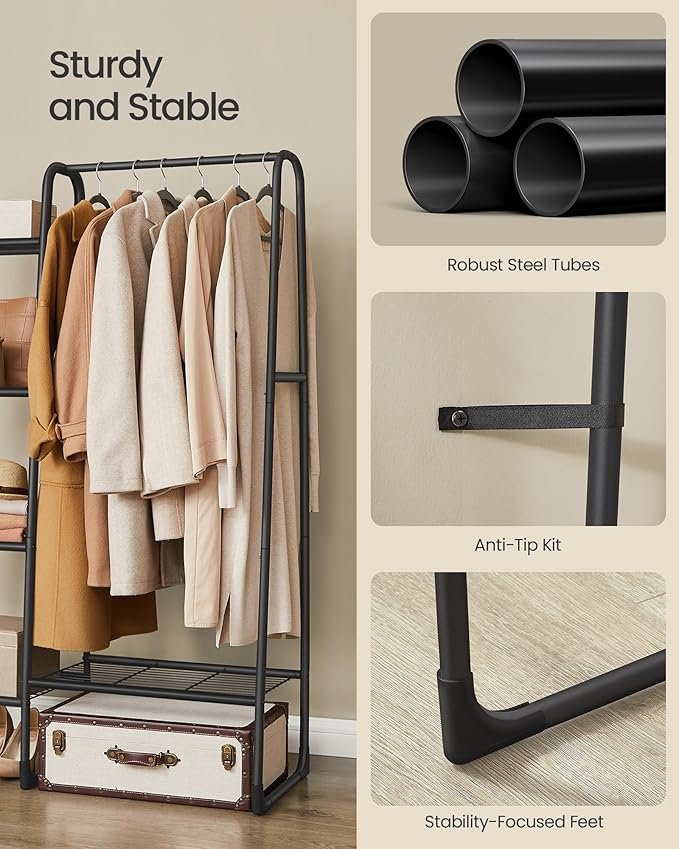 SONGMICS Kl&auml;dst�ng, Frist�ende kl&auml;dst�ng, 5 f&ouml;rvaringshyllor, Metallram, 40 x 101,7 x 153,3 cm, Sovrum, Vardagsrum, Hall, Mattsvart HSR138B01