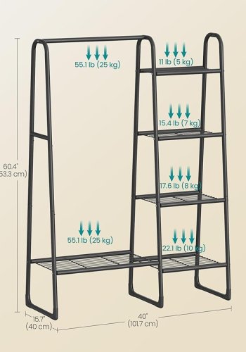 SONGMICS Kl&auml;dst�ng, Frist�ende kl&auml;dst�ng, 5 f&ouml;rvaringshyllor, Metallram, 40 x 101,7 x 153,3 cm, Sovrum, Vardagsrum, Hall, Mattsvart HSR138B01