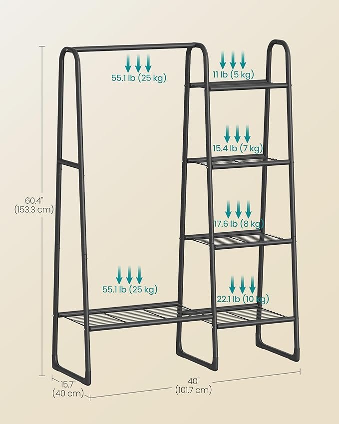SONGMICS Kl&auml;dst�ng, Frist�ende kl&auml;dst�ng, 5 f&ouml;rvaringshyllor, Metallram, 40 x 101,7 x 153,3 cm, Sovrum, Vardagsrum, Hall, Mattsvart HSR138B01