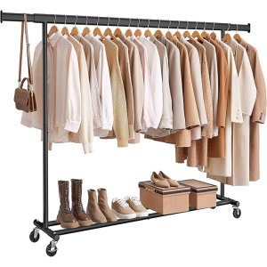 SONGMICS klesstativ p� hjul, kraftig klesstativ, uttrekkbart klesstativ, maks belastning 150 kg, enkel montering, b�rbar, svart HSR175B01