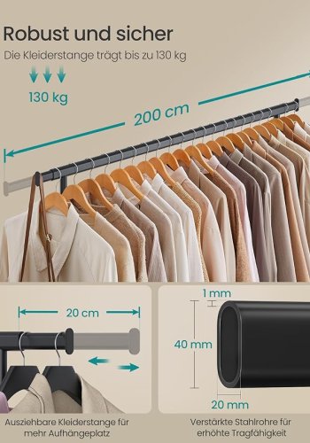 SONGMICS HSR175B01 t�jstativ, m. udtr�kkelig stang, hjul - sort st�l
